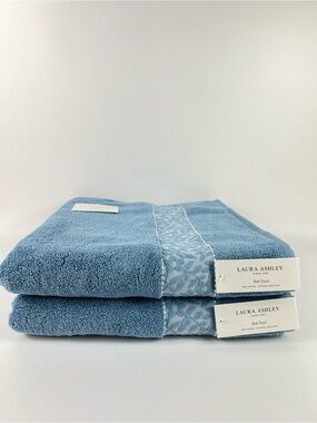 Laura Ashley Bath Towel Set MILLIE Blue with Leaf Trim 100% Cotton 2 Pc NEW